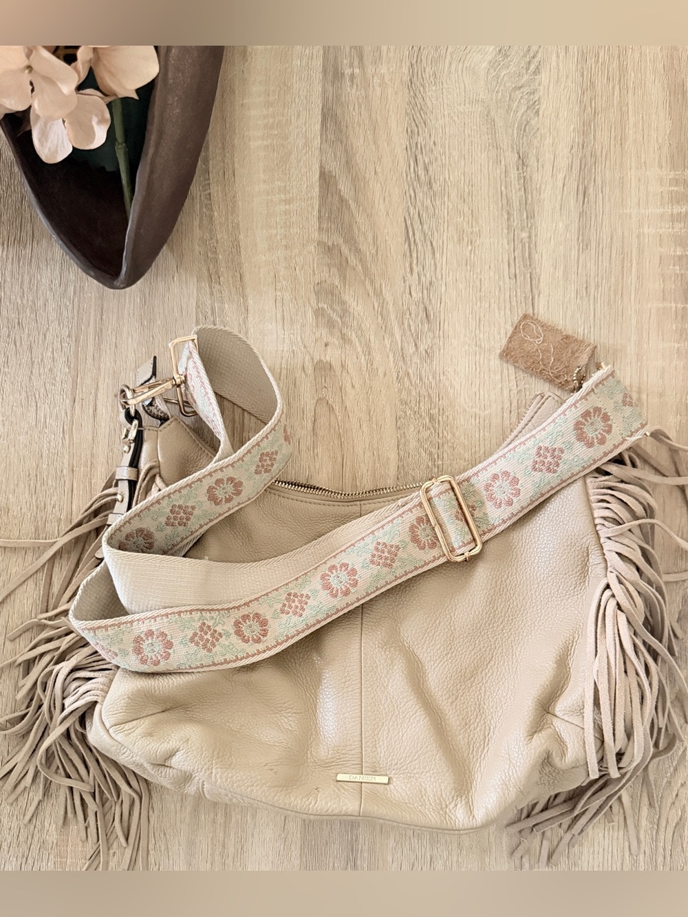 Danier Leather Fringe Shoulder Bag in Beige